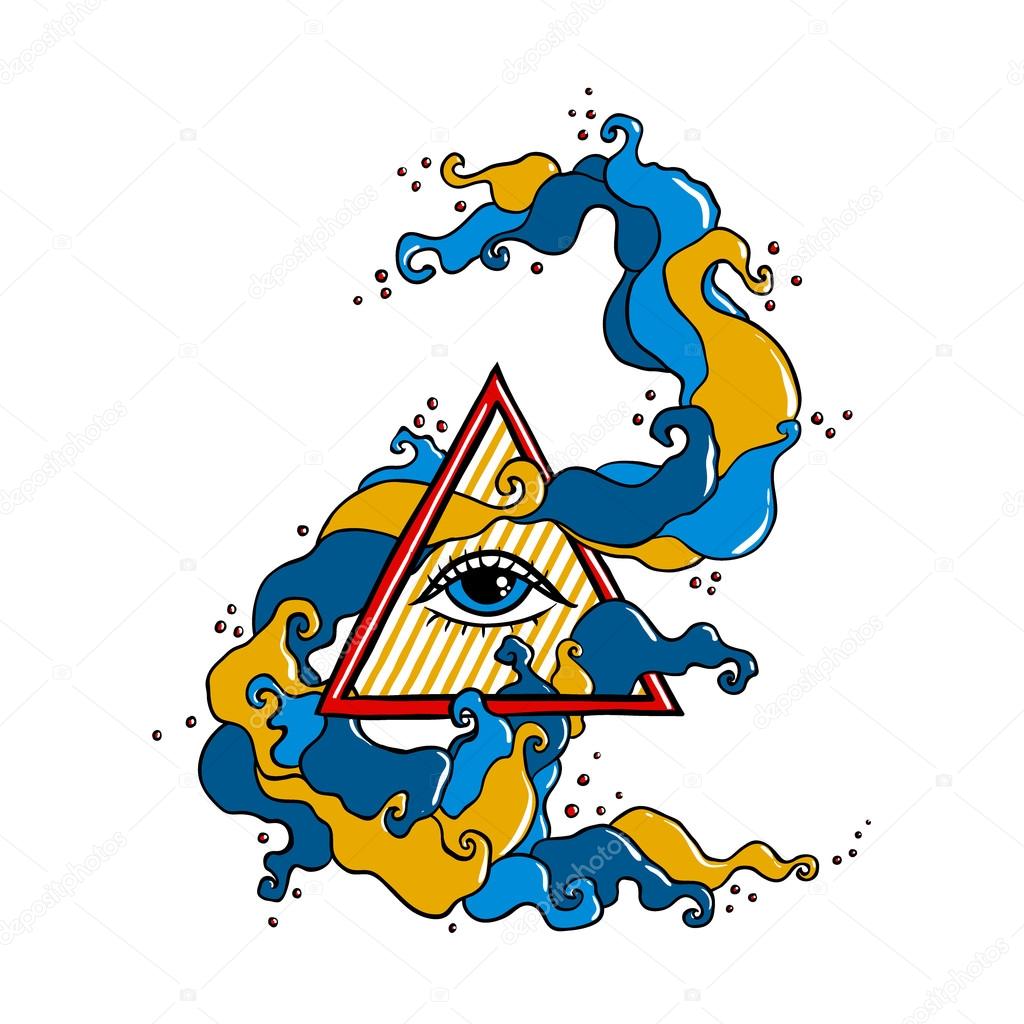 Eye of Providence sign. Masonic symbol. All seeing eye in triangle pyramid. New World Order. Hand drawn alchemy, religion, spirituality, occultism. Isolated vector illustration. Conspiracy theory.