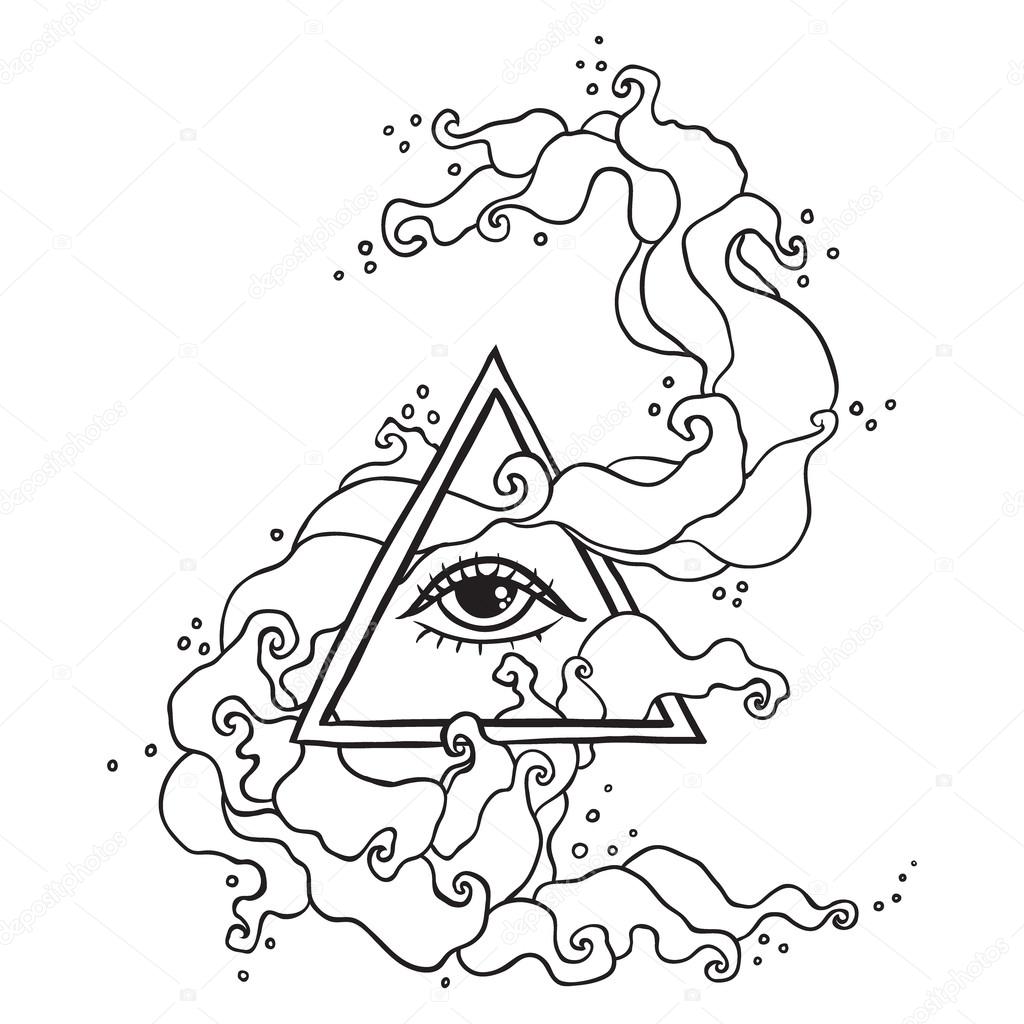 Eye of Providence sign. Masonic symbol. All seeing eye in triangle pyramid. New World Order. Hand drawn alchemy, religion, spirituality, occultism. Isolated vector illustration. Conspiracy theory.