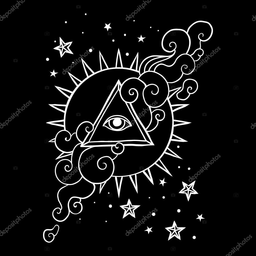 Eye of Providence sign. Masonic symbol. All seeing eye in triangle pyramid over sun rays and clouds. Hand drawn alchemy, spirituality, occultism, yoga concept. Sacred geometry vector illustration