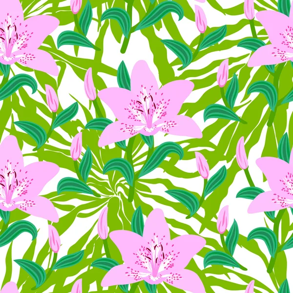 Floral pattern with tropical big pink lily flowers — Stock Vector