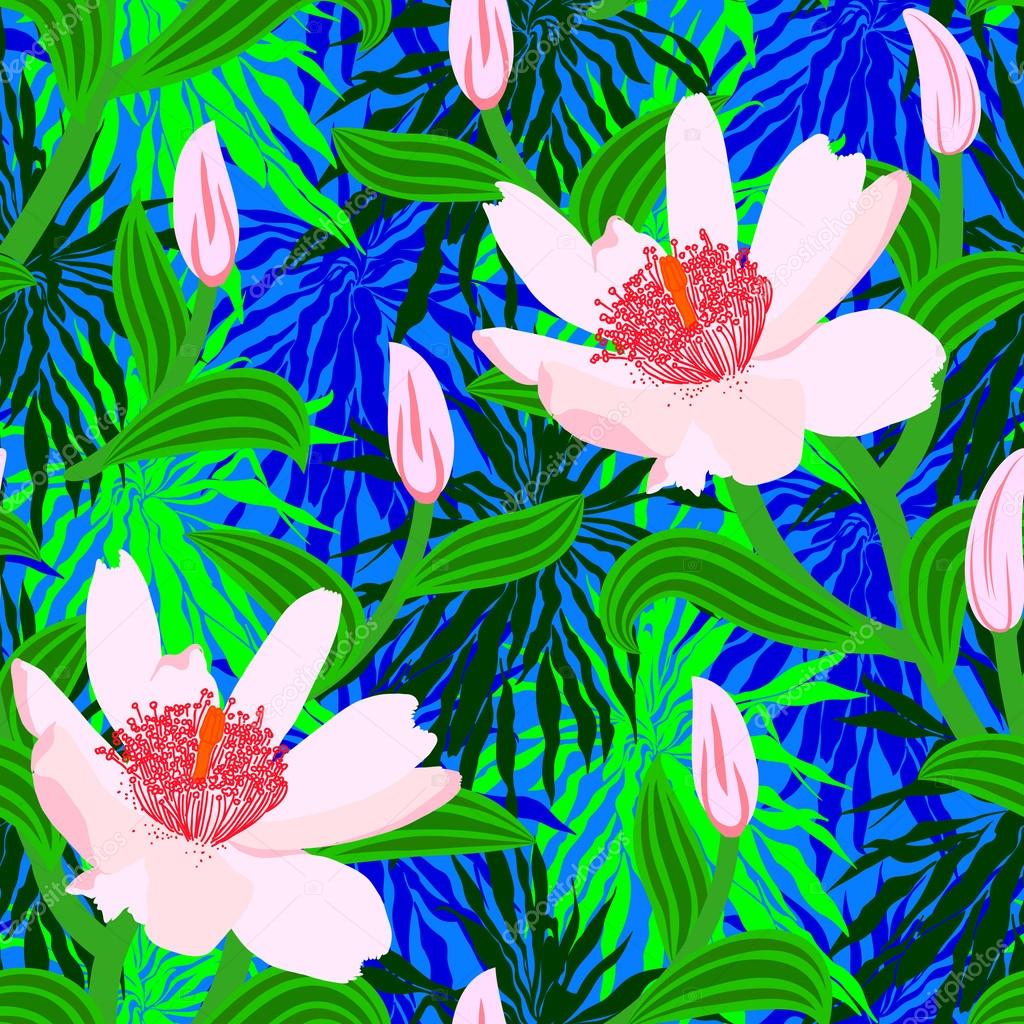 Lascia senza soluzione di continuit  motivo floreale del vettore con decorazioni tropicali grandi fiori rosa su sfondo di palme cespugli rami e fogliame