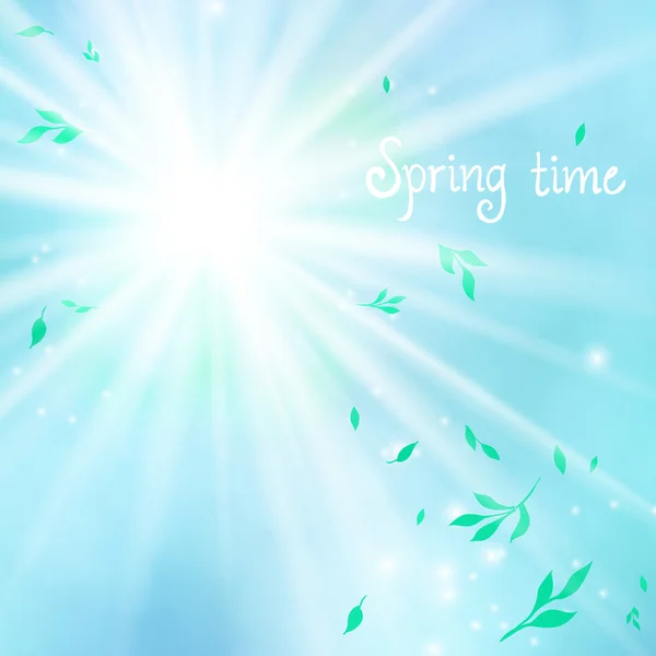 Våren kort bakgrund med solen och blad — Stock vektor