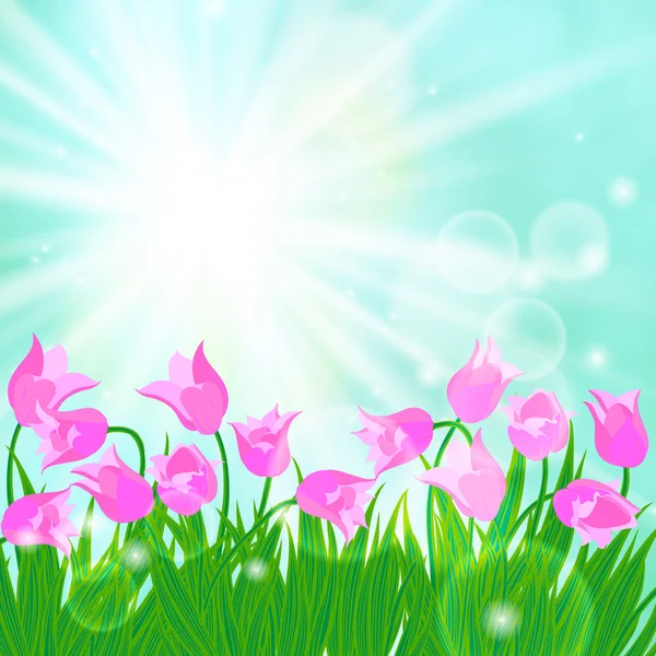 Frühling Karte Hintergrund mit Sonne und Tulpen — Stockvektor