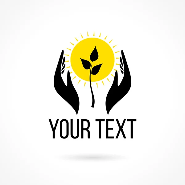 Λογότυπο με χέρια ήλιο και φυτών两个手里拿的生长中的植物和太阳矢量标志。爱、 保健、 安全、 保险、 发展、 教育、 童年、 幸福的概念 — Διανυσματικό Αρχείο