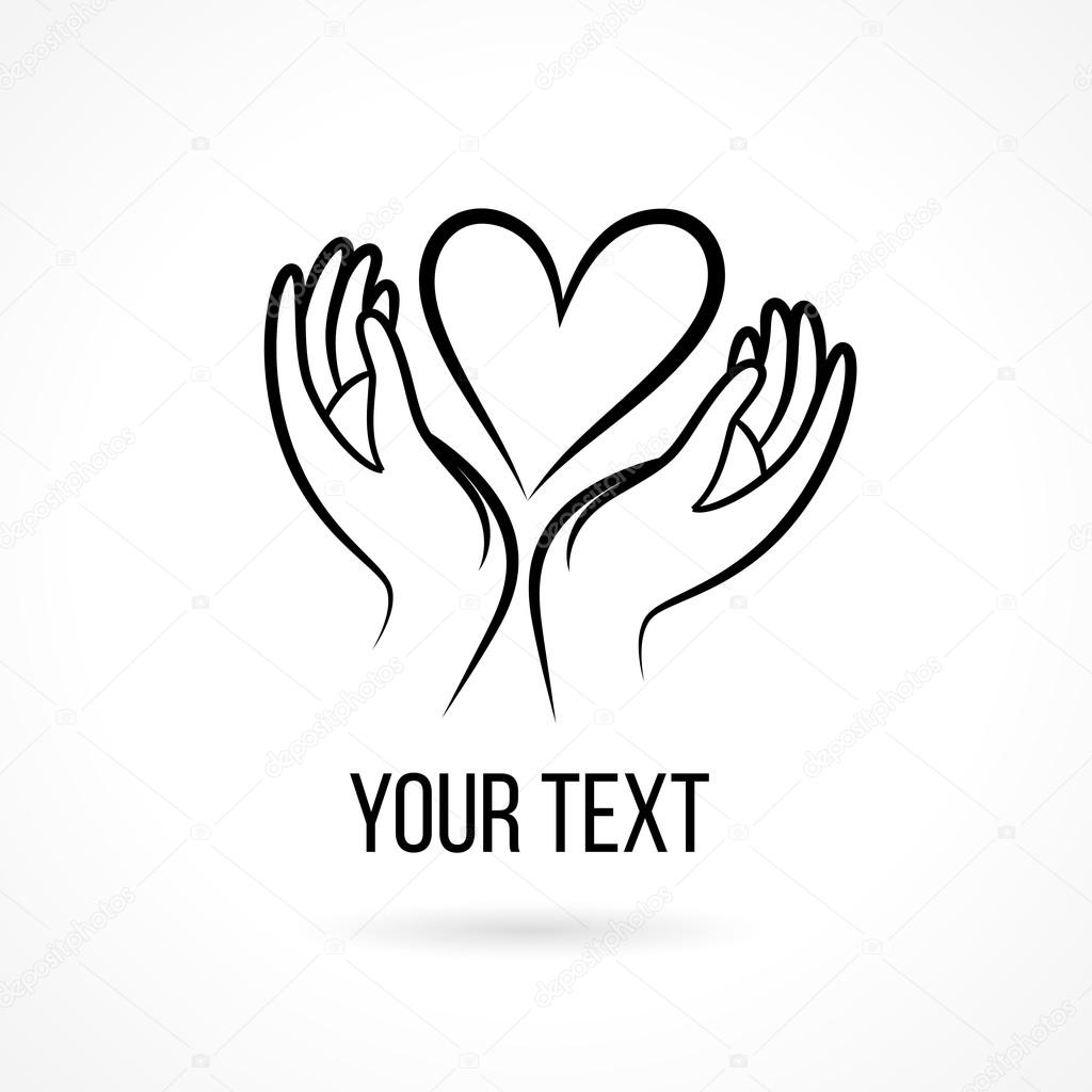Vector logo with hand, heart, open palms and text. Design template and concept of love, family, friendship, charity, local community, help, awareness, society, care and sharing