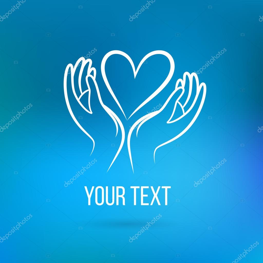Vector logo with hand, heart, open palms and text. Design template and concept of love, family, friendship, charity, local community, help, awareness, society, care and sharing