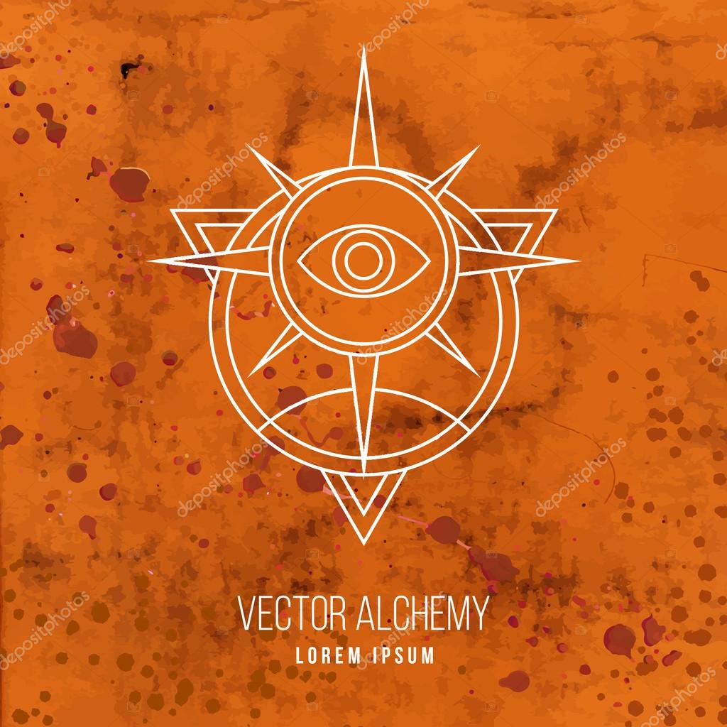 Vector geometric alchemy symbol with eye, sun, star, shapes and abstract occult and mystic signs. Linear logo and spiritual design. Concept of imagination, magic, creativity, religion, astrology