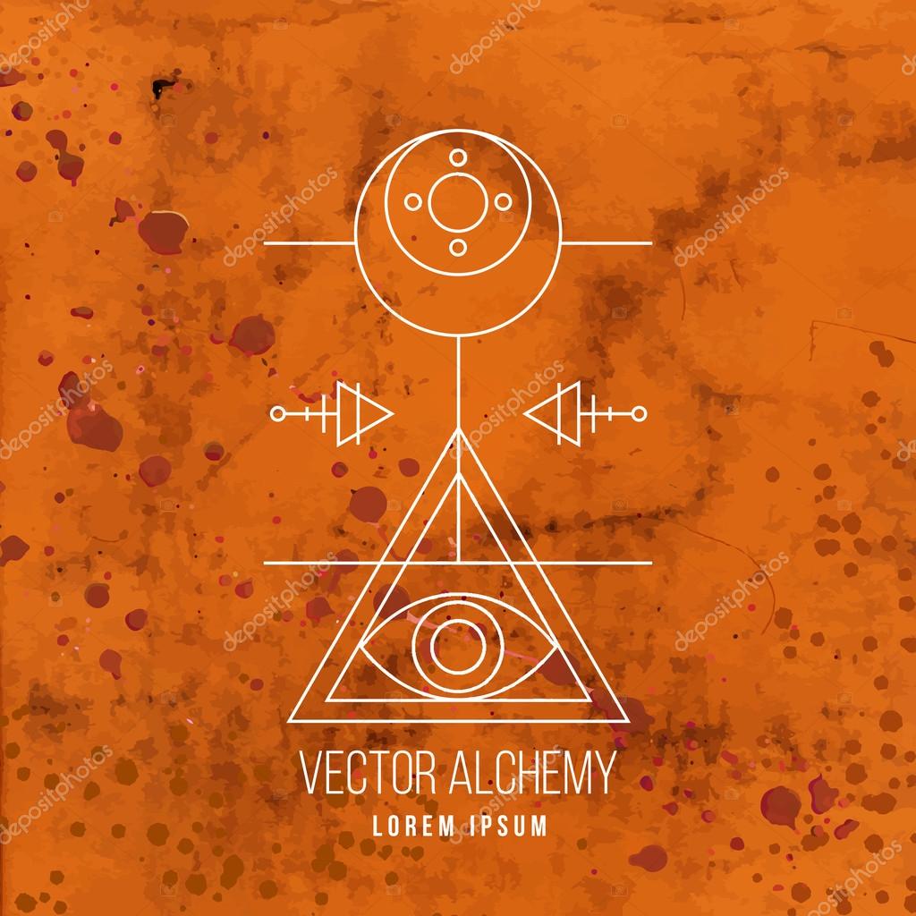 Vector geometric alchemy symbol with eye, moon, shapes and abstract occult and mystic signs. Linear logo and spiritual design. Concept of imagination, magic, creativity, religion, astrology