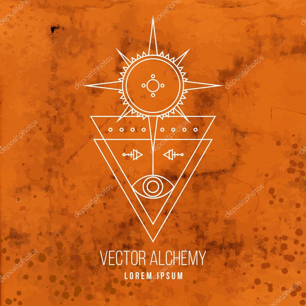 Vector geometric alchemy symbol with eye, sun, star, triangle shapes and abstract occult and mystic signs on ancient parchment background. Linear logo and spiritual design.
