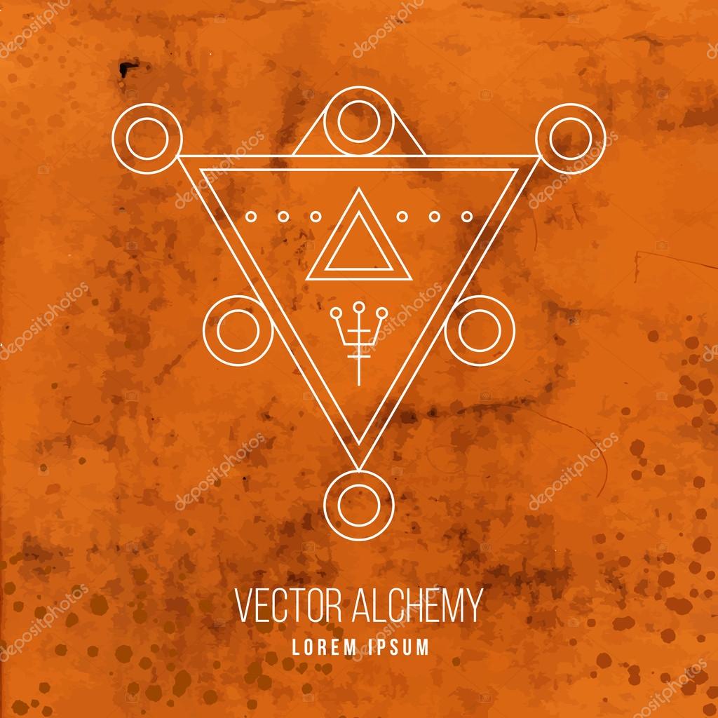 Vector geometric alchemy symbol with triangle shapes and abstract occult and mystic signs. Linear logo and spiritual design. Concept of imagination, magic, creativity, religion, astrology