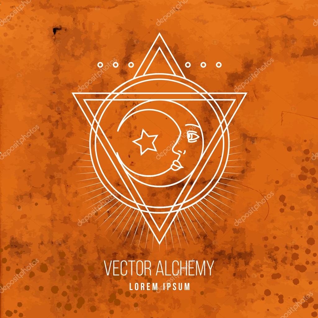 Vector geometric alchemy symbol with eye, moon, shapes. Abstract occult and mystic signs on old paper. Linear logo and spiritual design. Concept of imagination, magic, creativity, religion, astrology