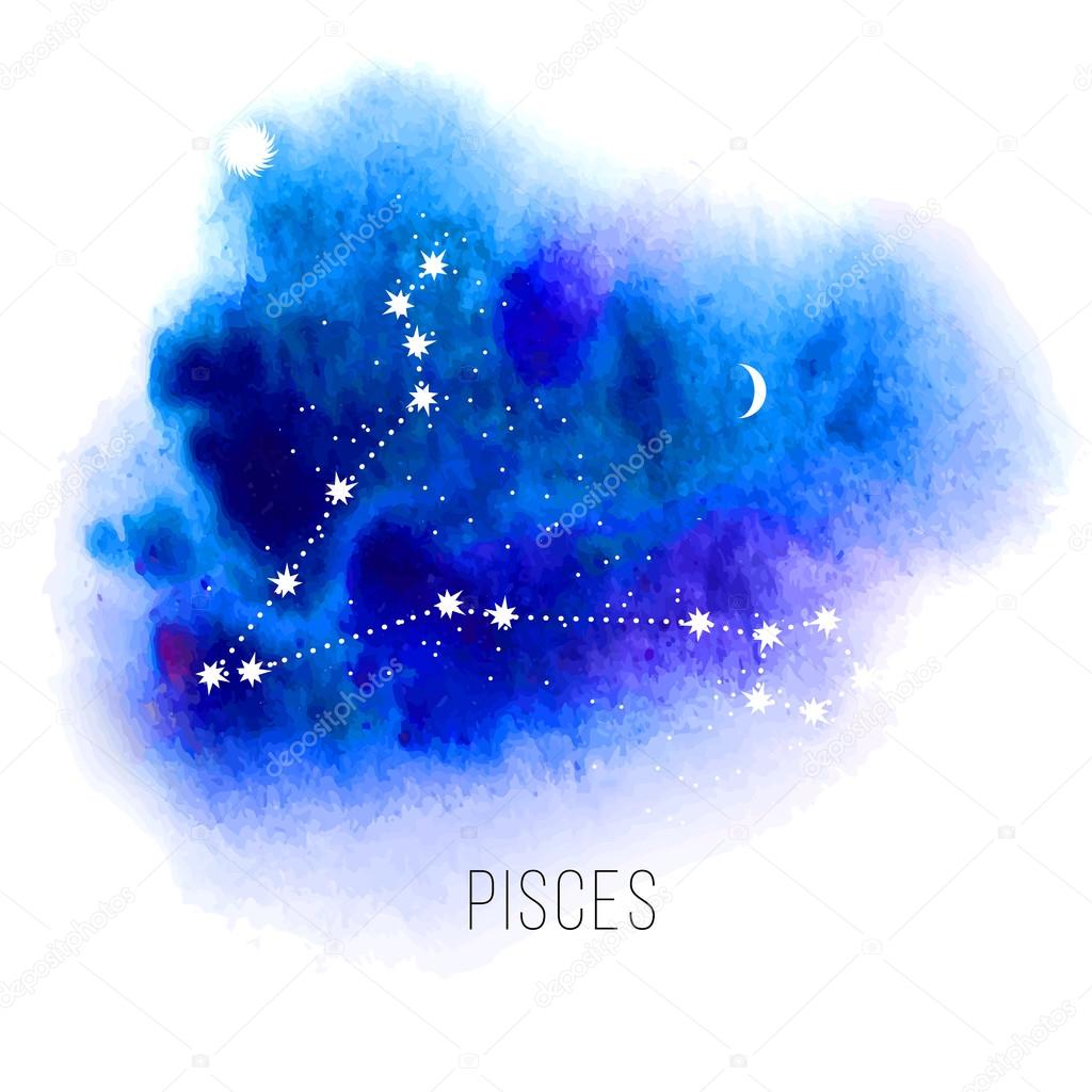 Astrology sign Pisces on blue watercolor background. Zodiac constellation and part of zodiacal system and ancient calendar. Mystic symbol with stars, sun, moon and dots. Western horoscope illustration