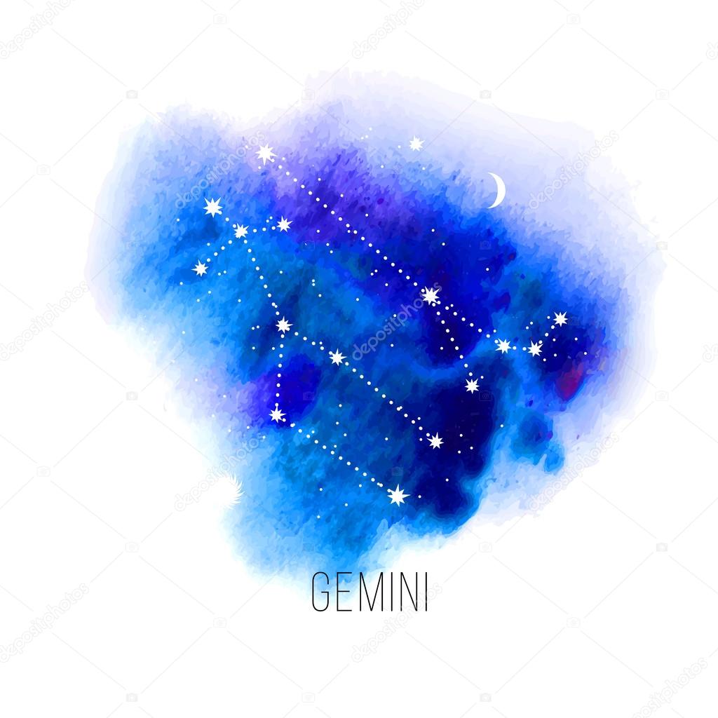 Astrology sign Gemini on blue watercolor background. Zodiac constellation and part of zodiacal system and ancient calendar. Mystic symbol with stars, sun, moon and dots. Western horoscope illustration