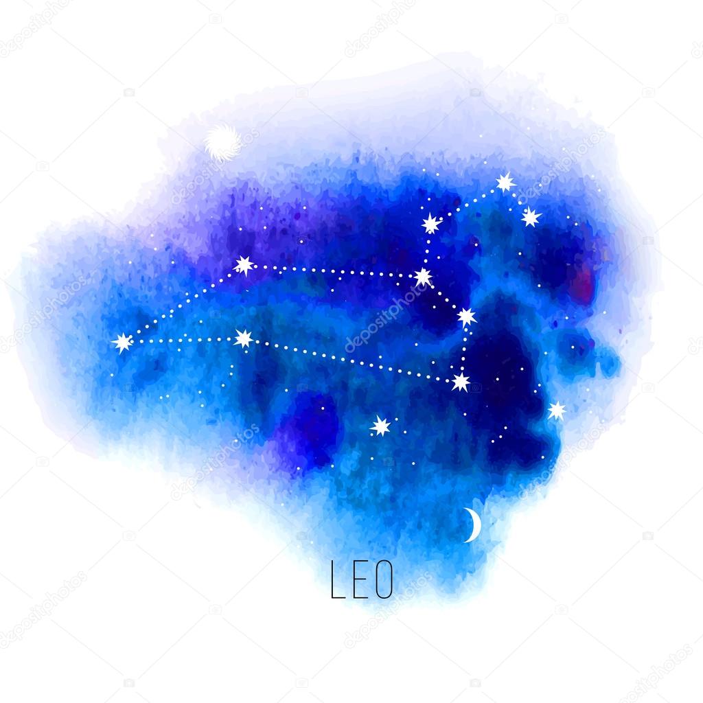 Astrology sign Leo on blue watercolor background. Zodiac constellation and part of zodiacal system and ancient calendar. Mystic symbol with stars, sun, moon and dots. Western horoscope illustration.