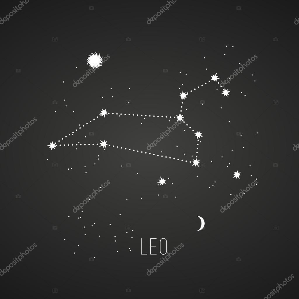 Astrology sign Leo on chalkboard background. Zodiac constellation and part of zodiacal system and ancient calendar. Mystic symbol with stars, sun, moon and dots. Western horoscope illustration.