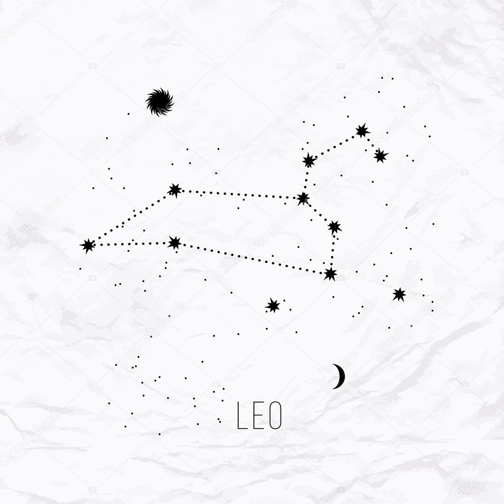 Astrology sign Leo on white paper background. Zodiac constellation and part of zodiacal system and ancient calendar. Mystic symbol with stars, sun, moon and dots. Western horoscope illustration.