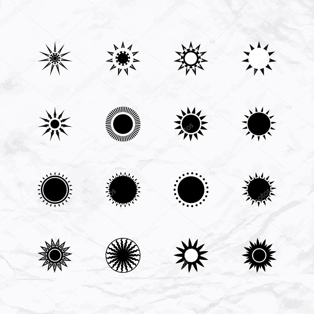 Set with small suns. Sun icons for logo design. Small sun design elements. Geometric sun icon. Simple elegant abstract suns. Vector abstract illustration of sun logo design. Sun symbol. Sun graphic