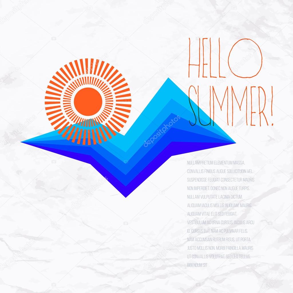 Vector geometric illustration with sun symbol and stylized waves or mountains. Retro design template for a hotel logo or brochure with ocean and beach. Concept of summer sale and vacation