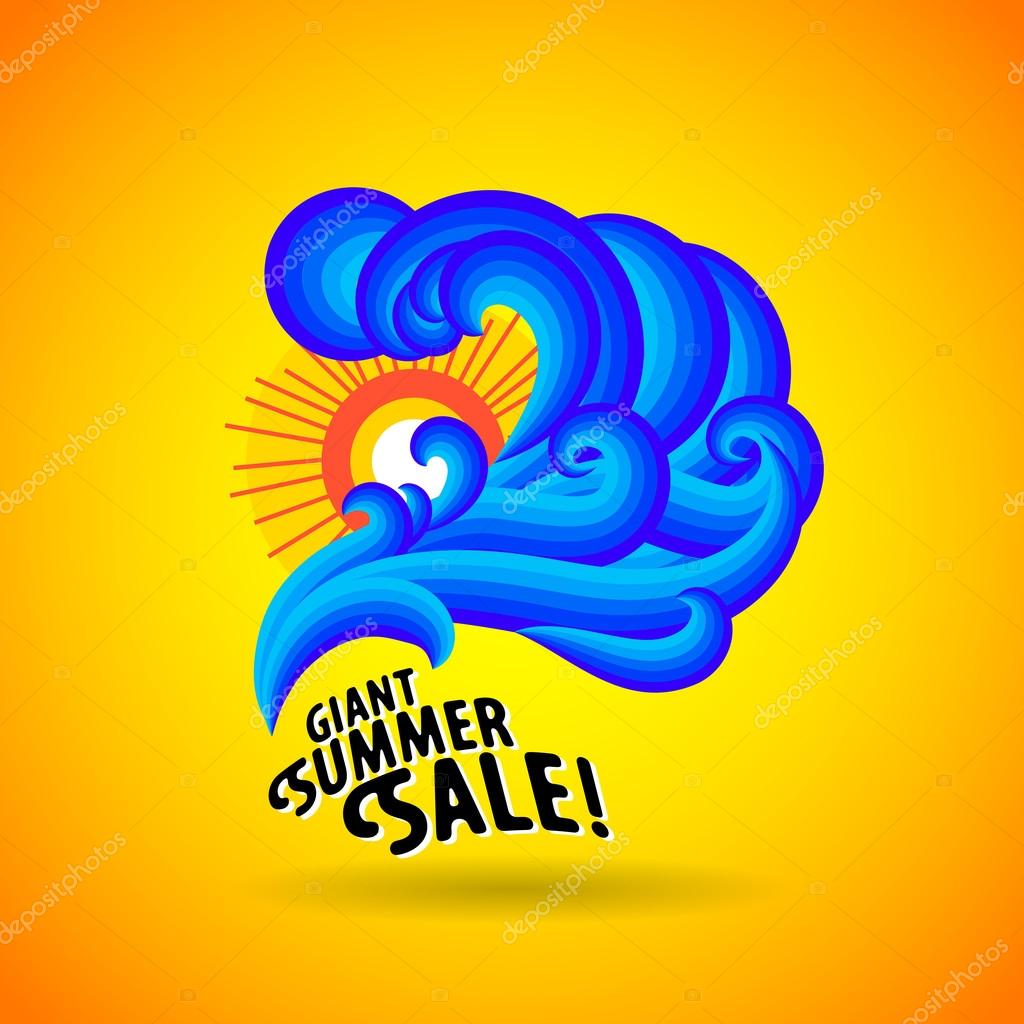Vector illustration with sun symbol and waves of water on bright yellow background. Design template of a logo with ocean and beach. Concept of summer sale, surfing vacation, solar and water power