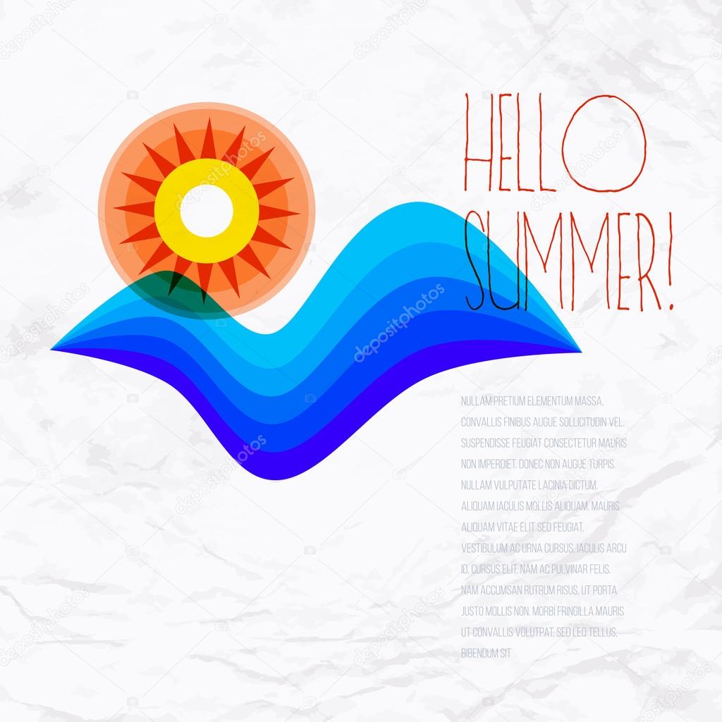 Vector illustration with calm water, geometric sun symbol and sea waves on vintage paper background. Design template for a hotel logo with ocean and beach. Concept of summer sale and vacation