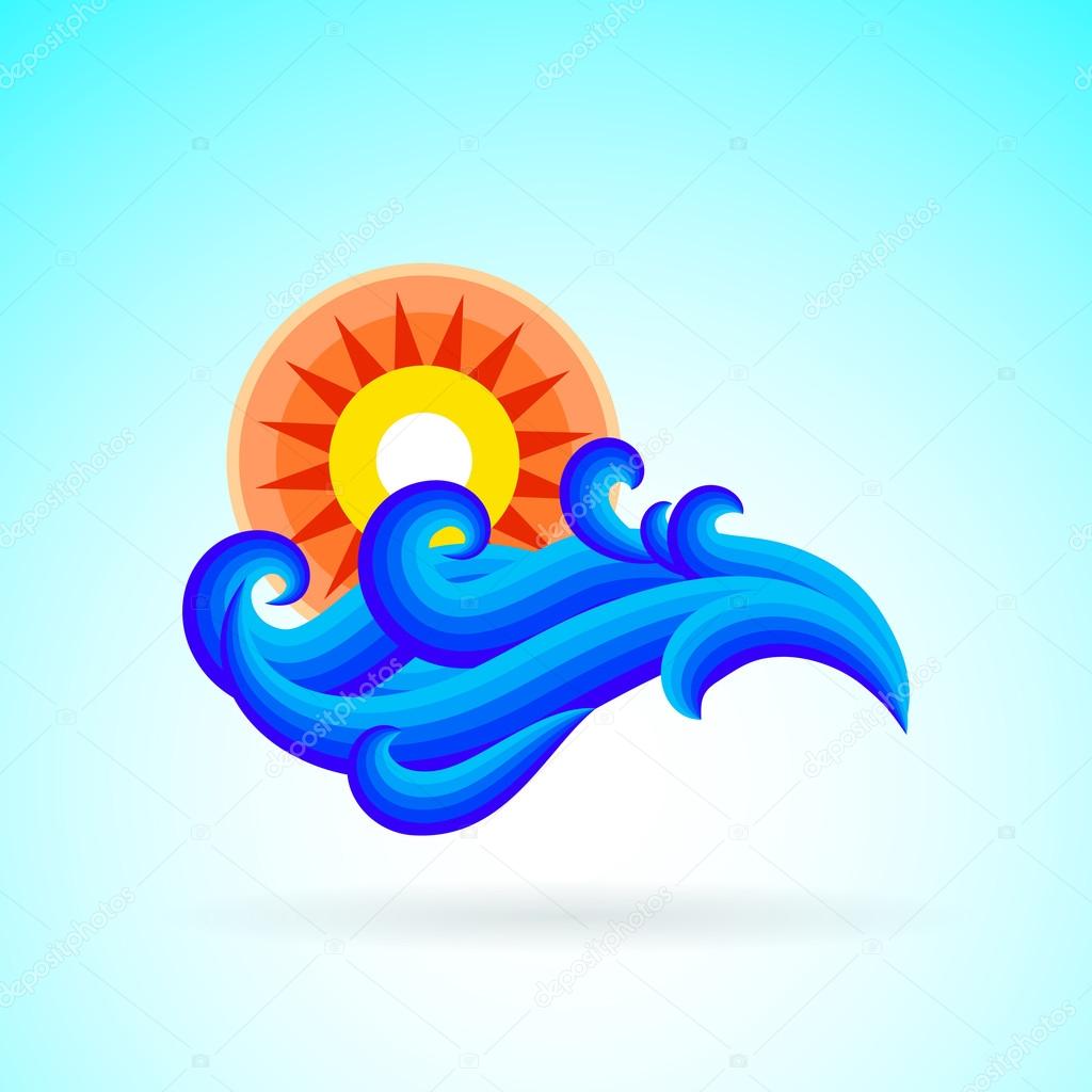 Vector illustration with waves and sun symbol and splashing water on blue background. Design template for hotel logo or beach party invitation in retro style. Concept of summer sale and vacation