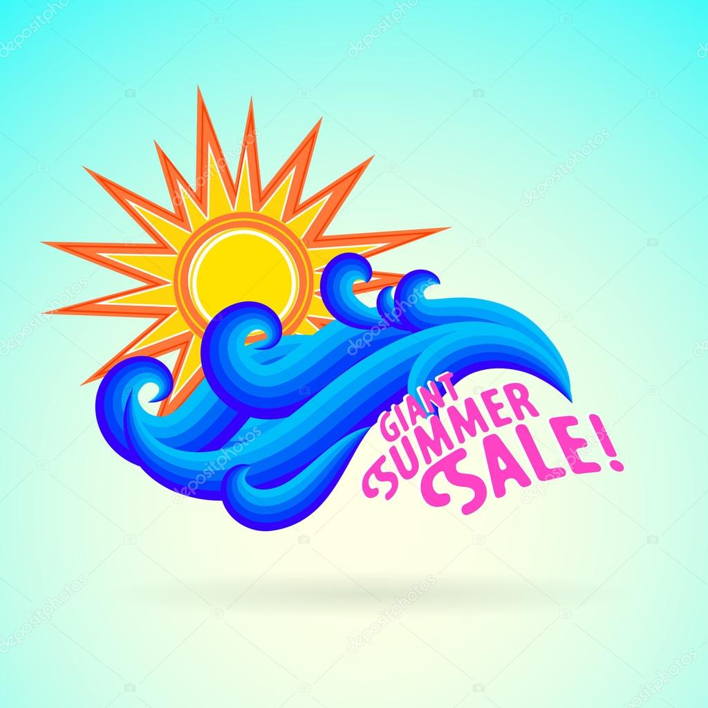 Vector illustration with pink letters, waves and sun symbol and splashing water on sky blue background. Design template for hotel logo or beach party invitation. Concept of summer sale and vacation