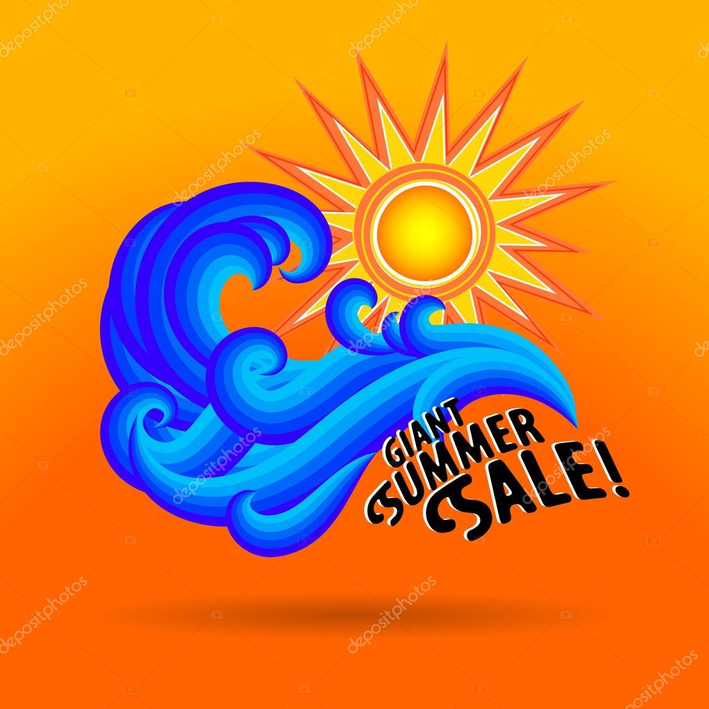 Vector illustration with waves and geometric sun symbol and splashing water on bright red background. Design template for hotel logo or beach party invitation. Concept of summer sale and vacation