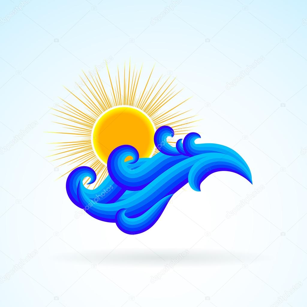 Vector illustration with waves and sun symbol and splashing water on sky blue background. Design template for hotel logo or beach party invitation. Concept of summer sale and vacation