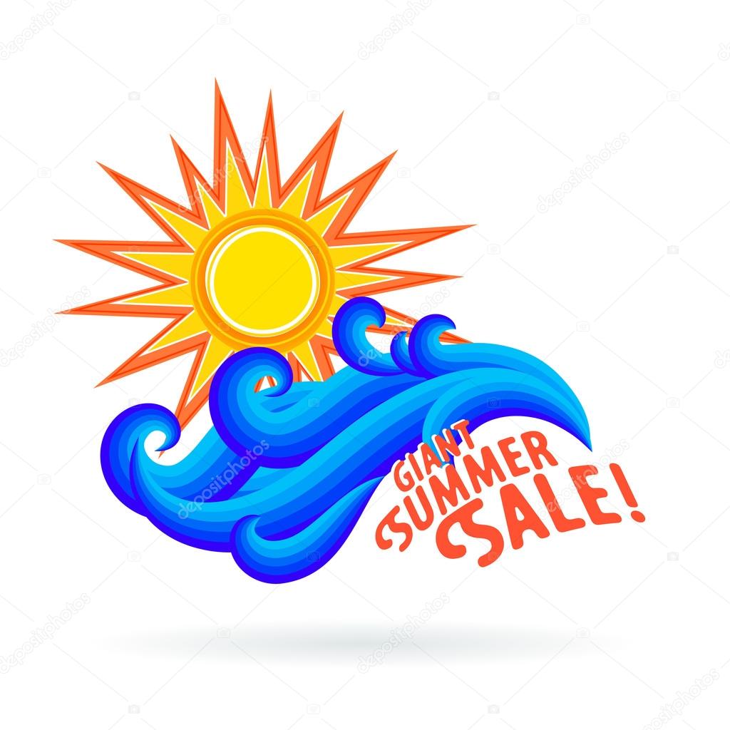 Vector illustration with waves and geometric sun symbol and splashing water isolated on white background. Design template for hotel logo or beach party invitation. Concept of summer sale and vacation