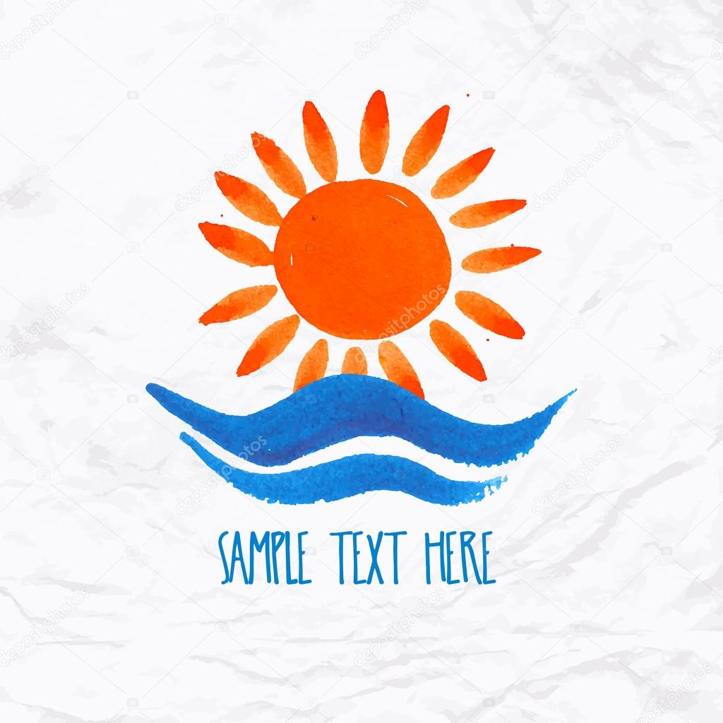 Vector watercolor logo with sun, wave, water splash and text. Design template and concept of positive attitude, family vacation, friendship, charity, local community, help, awareness, care and sharing
