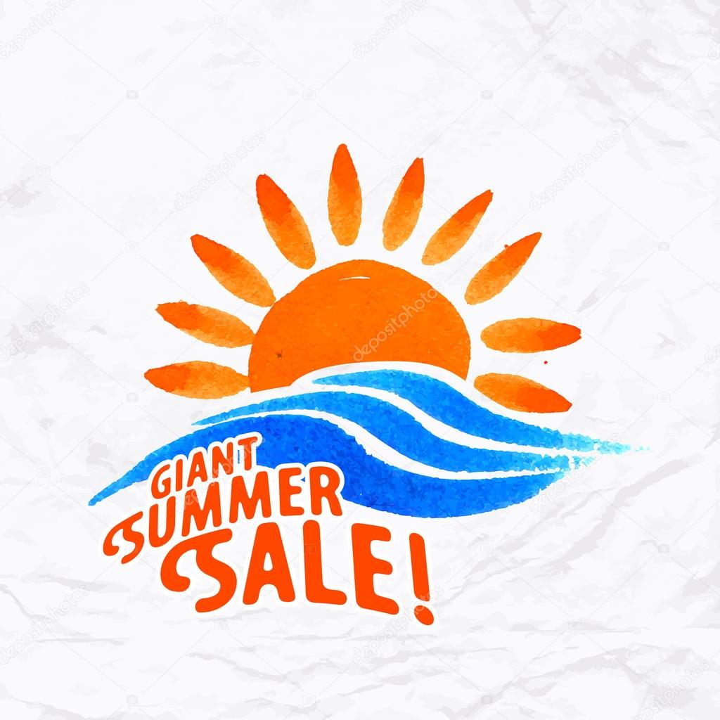 Vector watercolor logo with sun, wave, water splash and text. Design template and concept of nature, environment, family vacation, summer sale, beach party invitation, solar and water energy