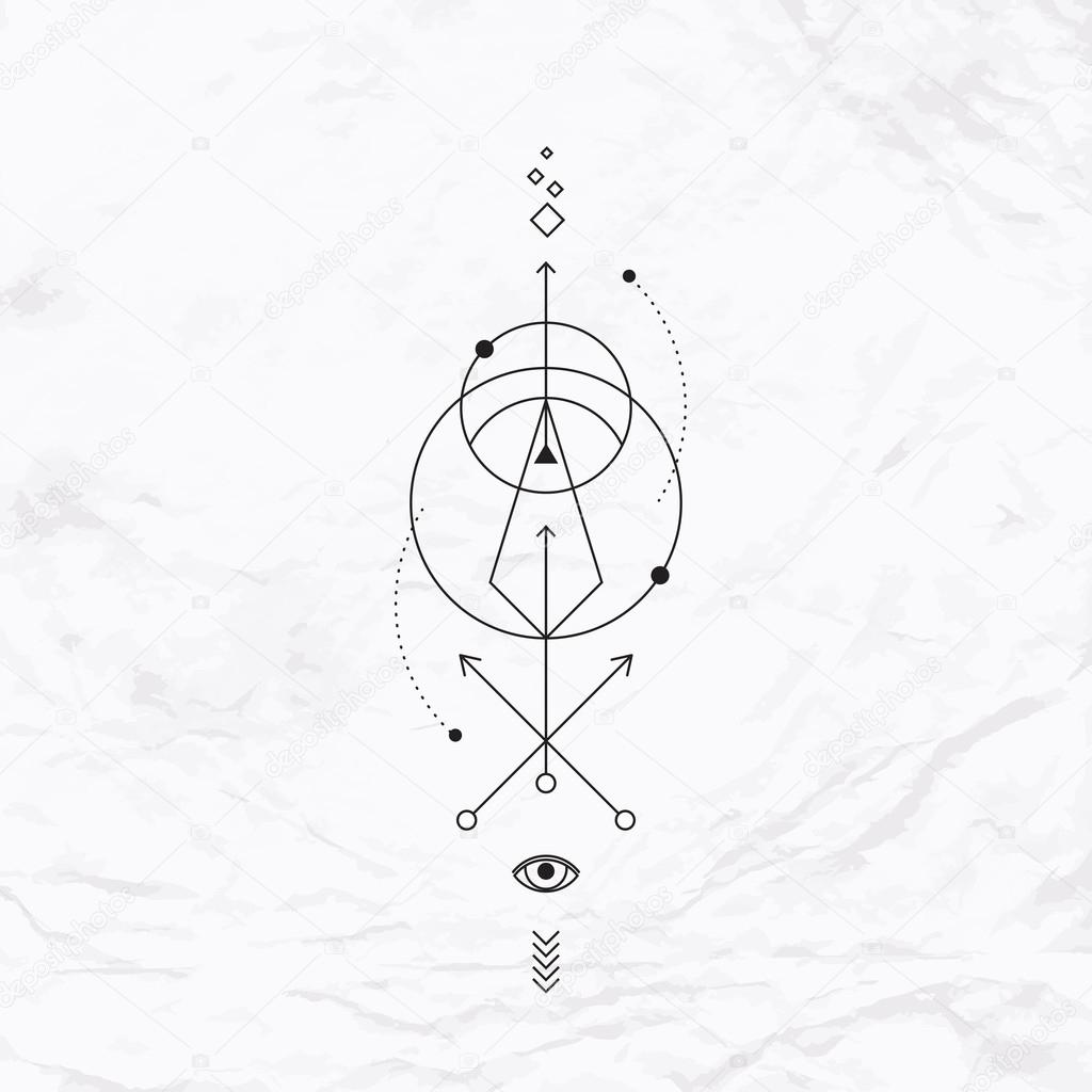 Vector geometric alchemy symbol with eye, circle, shapes, dots, arrows. Abstract occult and mystic signs. Linear logo, spiritual design and simple modern tattoo drawn in thin lines. Magic illustration