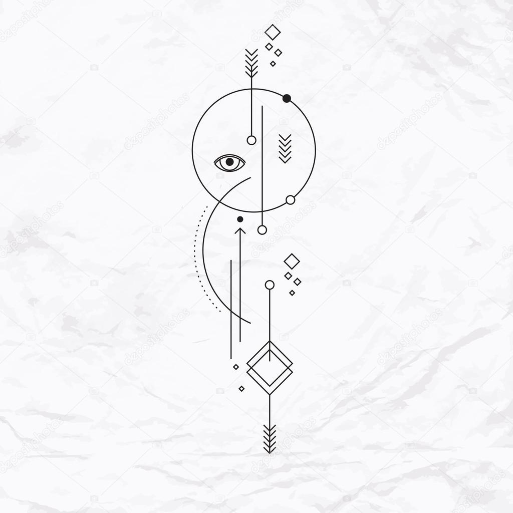 Vector geometric alchemy symbol with eye, circle, shapes, dots, arrows. Abstract occult and mystic signs. Linear logo, spiritual design and simple modern tattoo drawn in thin lines. Magic illustration