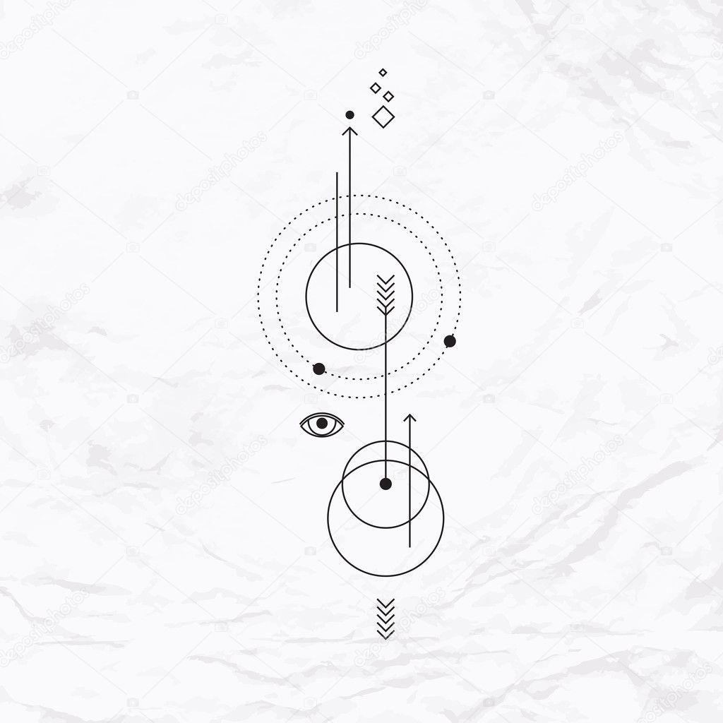 Abstract mystic sign with geometric shapes, chevrons, arrows, circles, dots, and alchemy and masonic symbols, eye, planets orbits and paths. Astrology vector illustration. Simple elegant modern tattoo