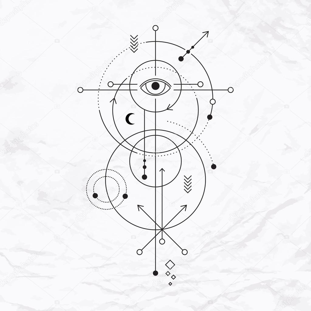 Abstract mystic sign with geometric shapes, chevrons, arrows, circles, and alchemy and ancient masonic symbols, eye, planets trails and paths. Vector illustration of modern witchcraft drawn in lines