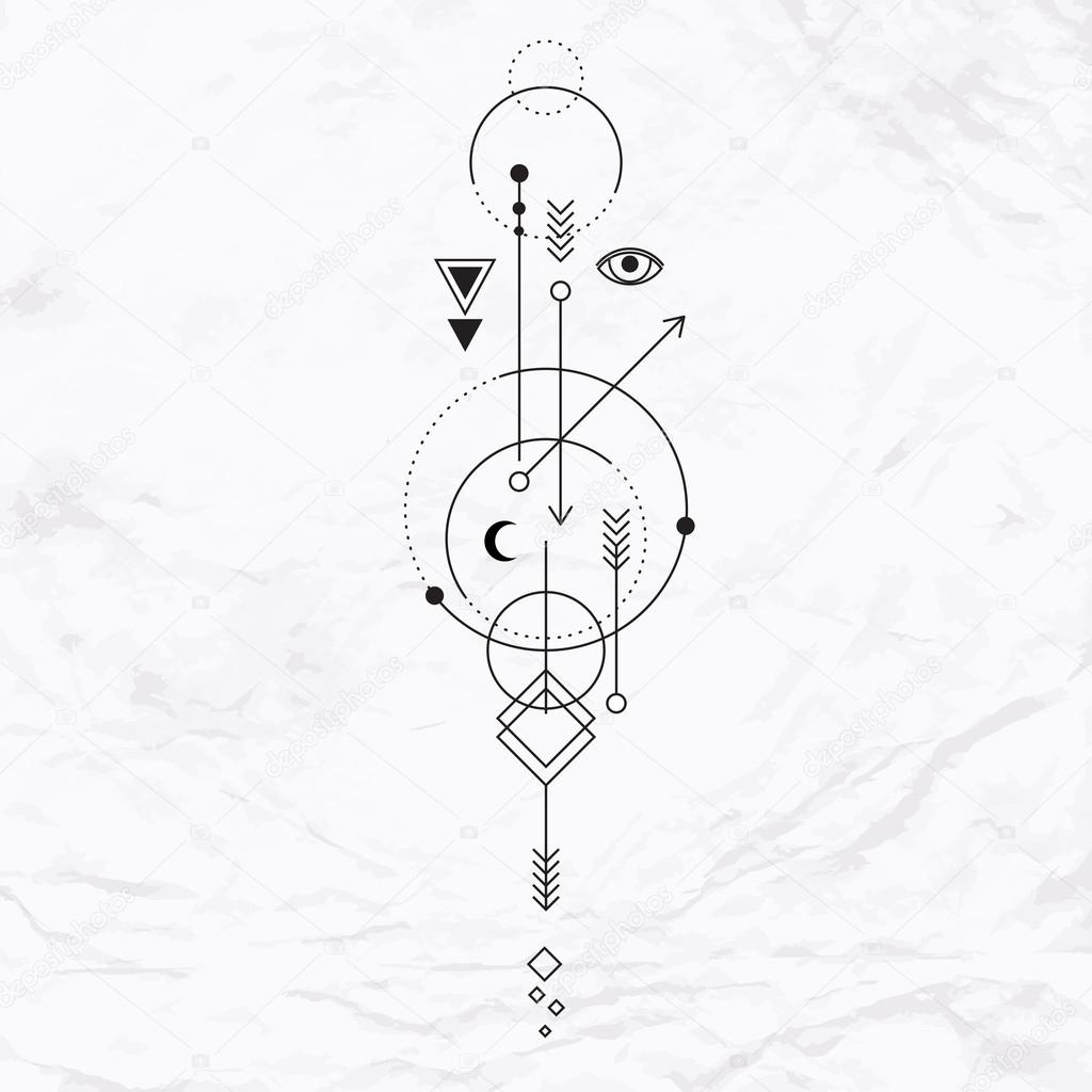 Abstract mystic sign with geometric shapes, triangles, chevrons, arrows, circles, dots, and alchemy and ancient masonic symbols, eye, moon, planets trails. Vector illustration of modern magic craft