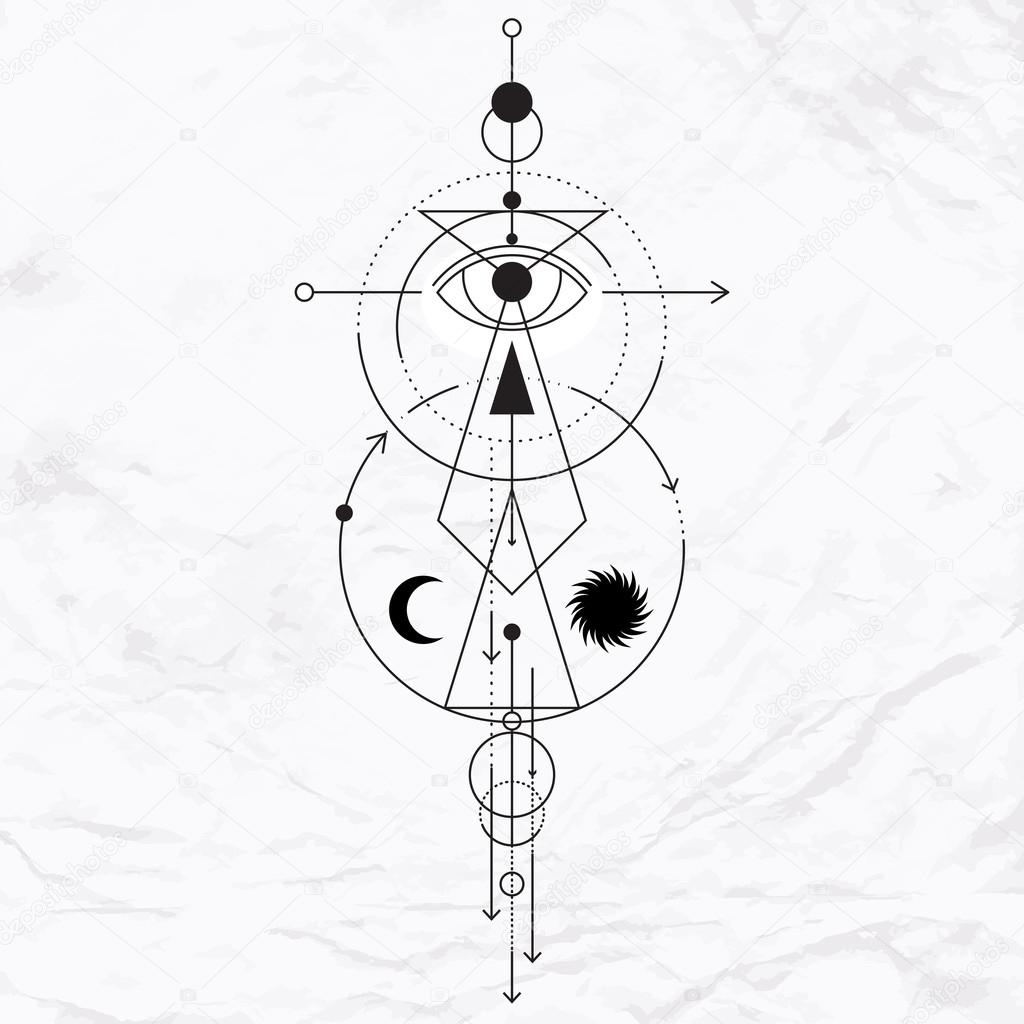 Vector geometric alchemy symbol with eye, moon, shapes. Abstract occult and mystic signs. Linear logo and spiritual design. Concept of imagination, magic, creativity, religion, astrology