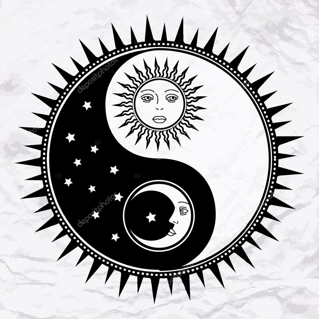 Vector yin yang symbol with sun, moon, faces, stars. Abstract occult and mystic sign. Black and white spiritual design. Concept of feng shui, magic, opposite, man woman relations, astrology, zen, yoga
