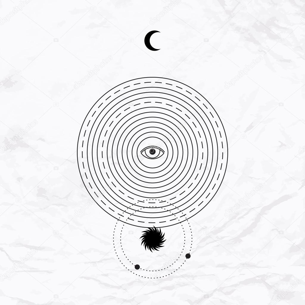 Vector medieval geometric alchemy symbol with eye, moon, sun, circle, shape, dot. Abstract occult and mystic sign. Linear logo and spiritual design. Concept of magic, yoga, tantra, religion, astrology