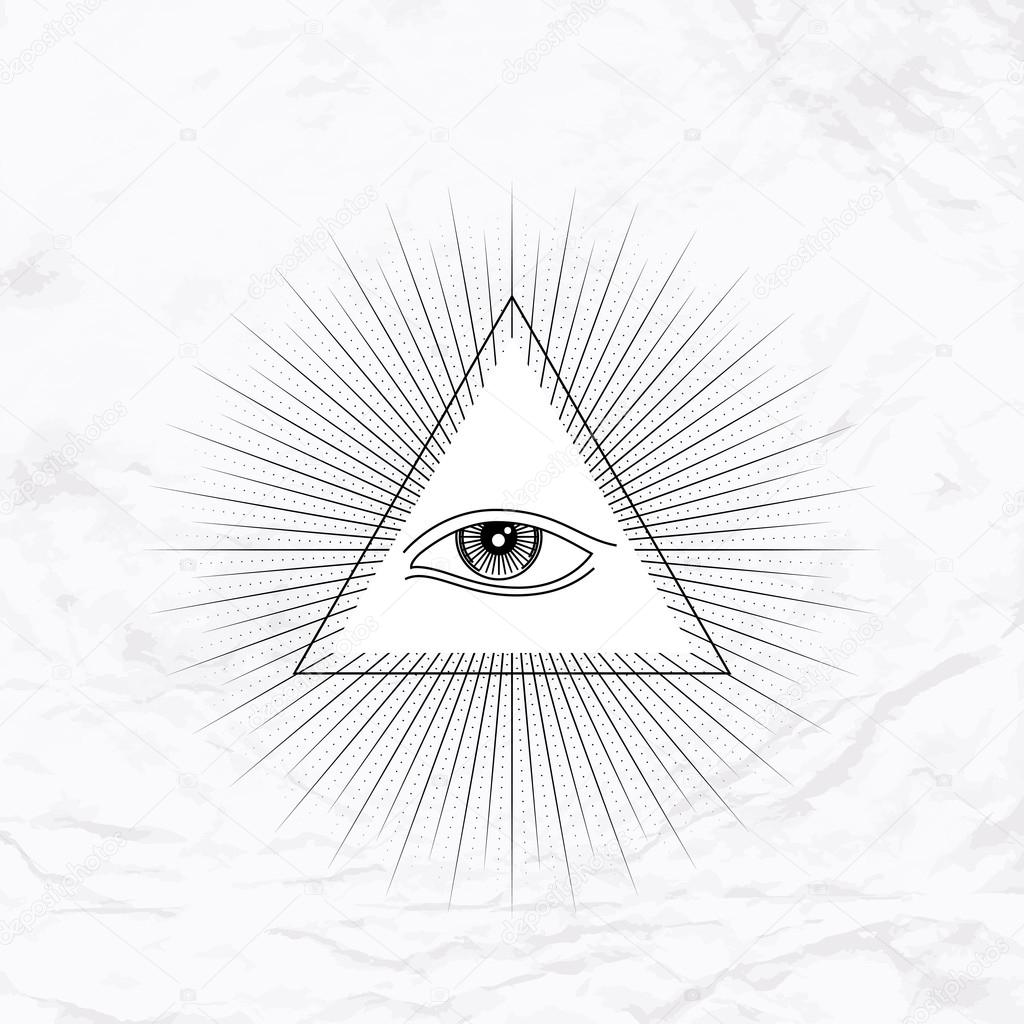 Vector geometric ancient alchemy symbol with eye, pyramid, shapes. Abstract occult and mystic signs. Linear logo and spiritual design. Concept of imagination, magic, creativity, religion, astrology