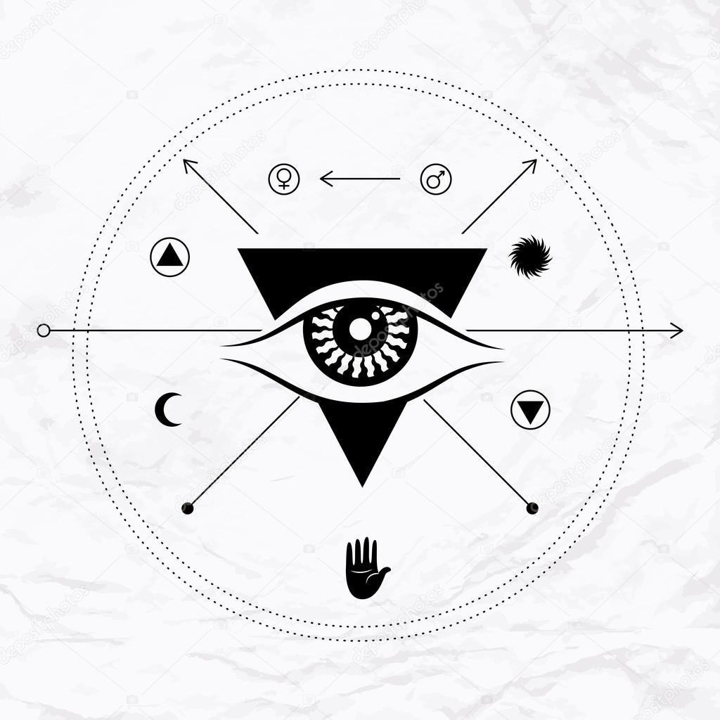 Vector geometric alchemy symbol with eye, sun, moon, crossing arrows, open hand, shapes, lines. Abstract occult and mystic signs. Linear logo and spiritual design. Concept of magic, astrology, tantra
