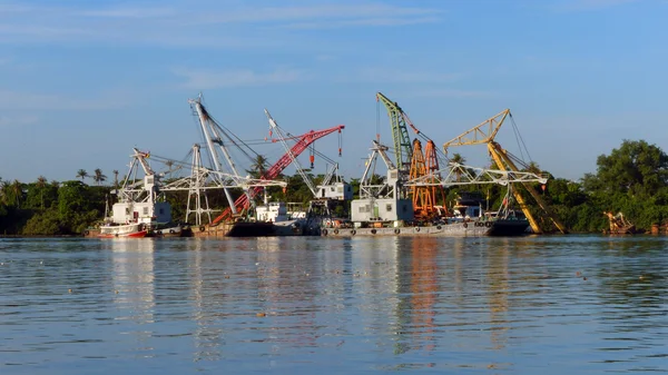 Många kranar väntar last i hamnen — Stockfoto