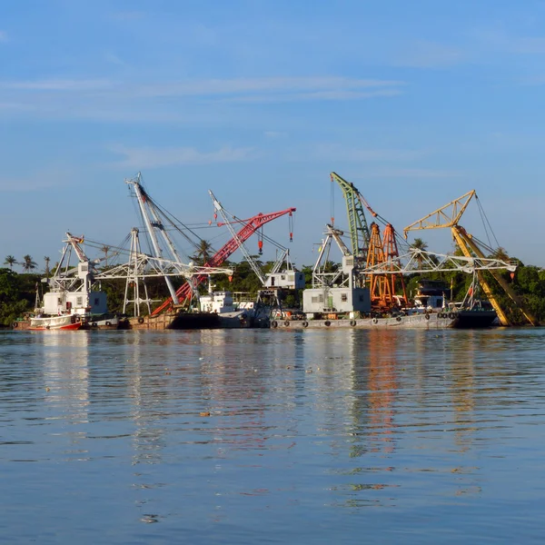 Veel kranen wachten op lading in de haven — Stockfoto