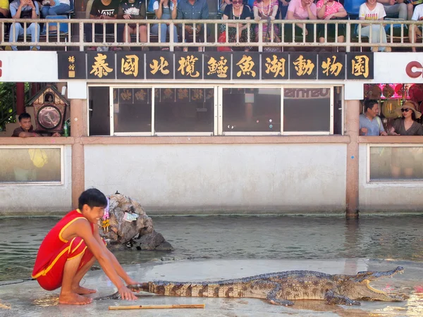 Samutprakarn, Tailândia - 18 de abril de 2015: show de crocodilo na fazenda de crocodilos. Este show emocionante é muito famoso entre os turistas e tailandeses. — Fotografia de Stock