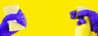 Temizlik için lastik eldiven verin. Mutfak süngeri elinde.. 