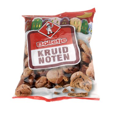 Bag with brand Bolletje spice nuts on a white background. clipart