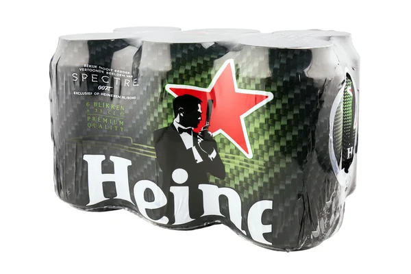 6-pack of Heineken beer cans, with advertising for the James Bond movie Spectre. — Stock Photo, Image