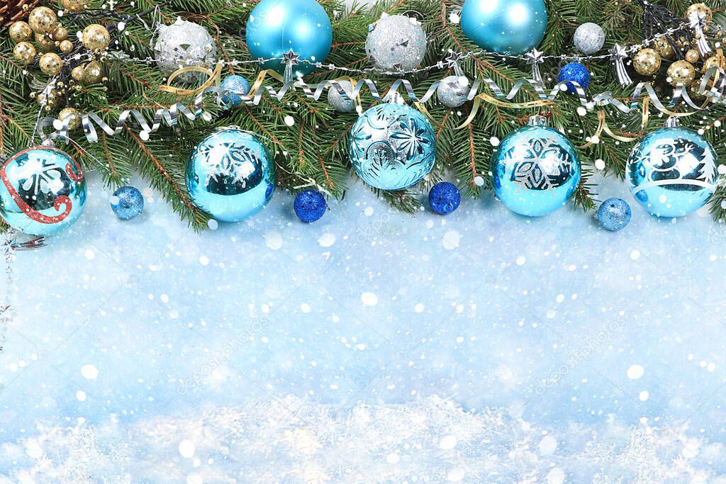 Christmas decorations, postcard, banner for showing, Happy new year 2021 background with bokeh lights, branches with balls and ribbons in snow flakes, product decoration for holiday advertising