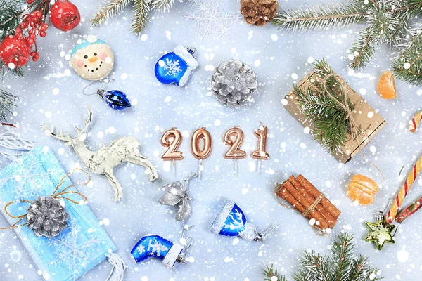 Ozdoby Świąteczne Pocztówka Baner Pokazania Szczęśliwego Nowego Roku 2021 Tło — Zdjęcie stockowe