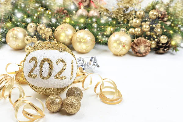 Christmas New Year Background Bokeh Lights Decorations Toys Fir Branches — Stock Photo, Image